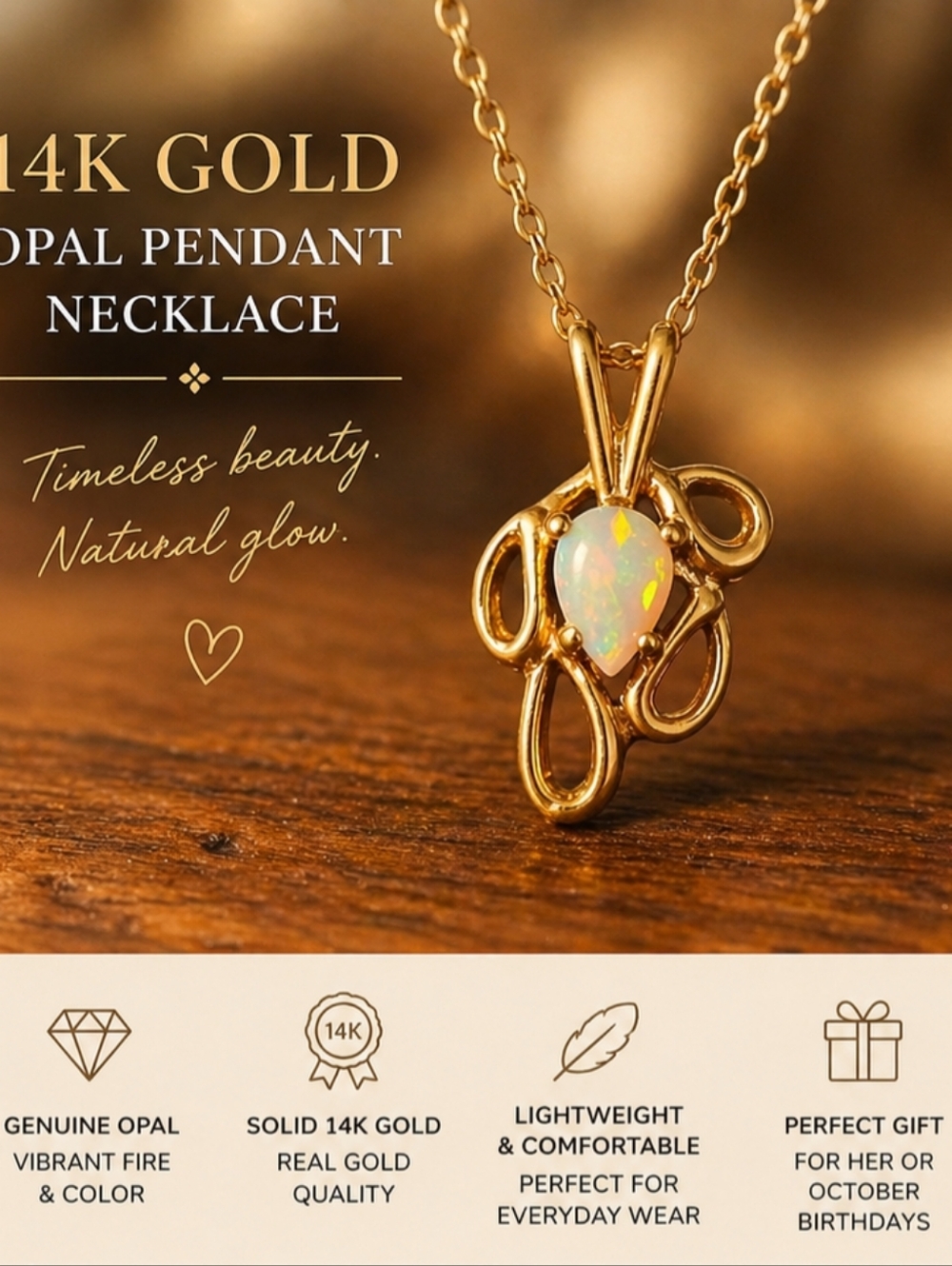14K Gold Opal Pendant Necklace Dainty Vintage Style Genuine Opal Fine Jewelry 2g